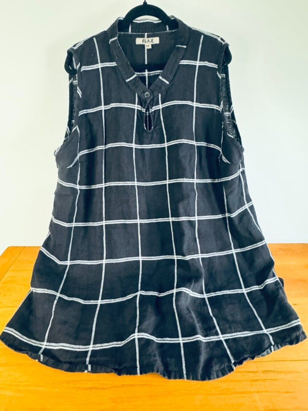 FLAX 100% Linen Windowpane Tunic Dress Charcoal Black 1G Made Lithuania - Picture 5 of 13
